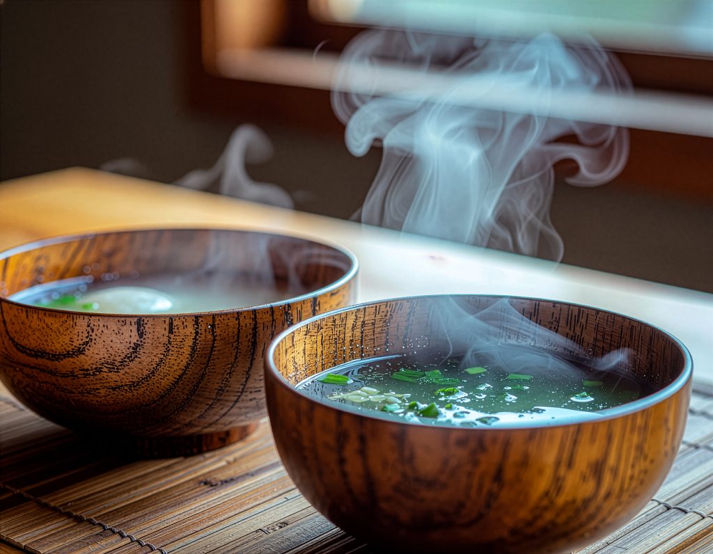 木椀から湯気が立ち上るあたたかい味噌汁の朝ごはん｜自然光と木のぬくもりが感じられる、和食のある丁寧な暮らしと日本の家庭料理を表現した素朴で落ち着いた食卓風景
