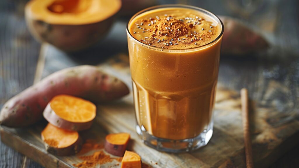 Sweet potato and whey protein shake blending energy with muscle synthesis