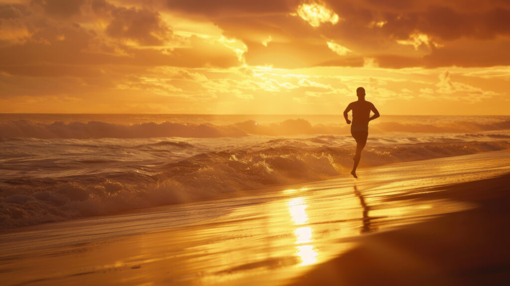 Silhouette of a man running on a beach at sunset . Men's Health.